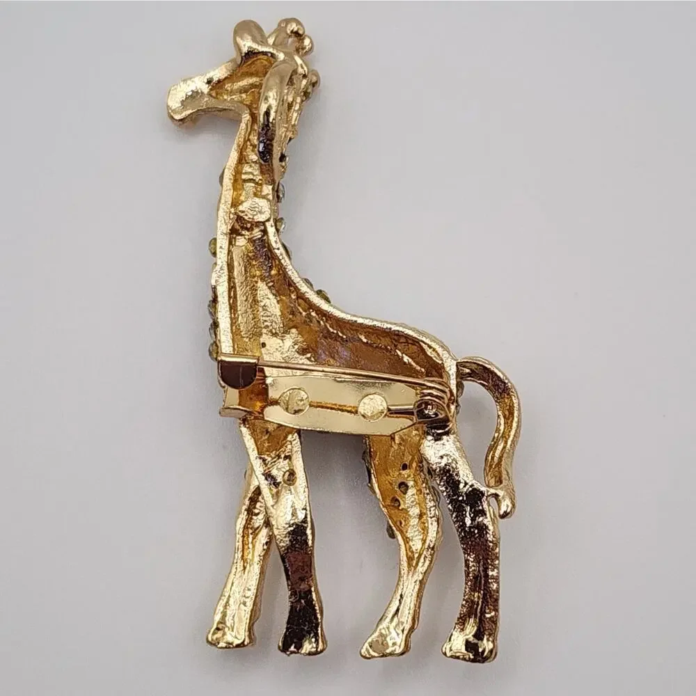 Giraffe Enamel and Rhinestones Brooch Black Spots & Clear Stones Jungle Animal